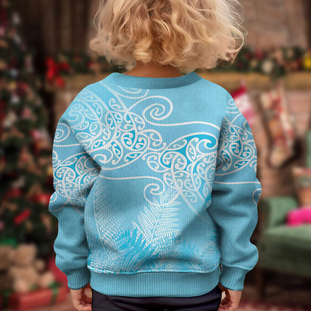 Aotearoa Maori Koru Curves Kid Ugly Christmas Sweater Silver Ferns - Turquoise LT7 - Polynesian Pride