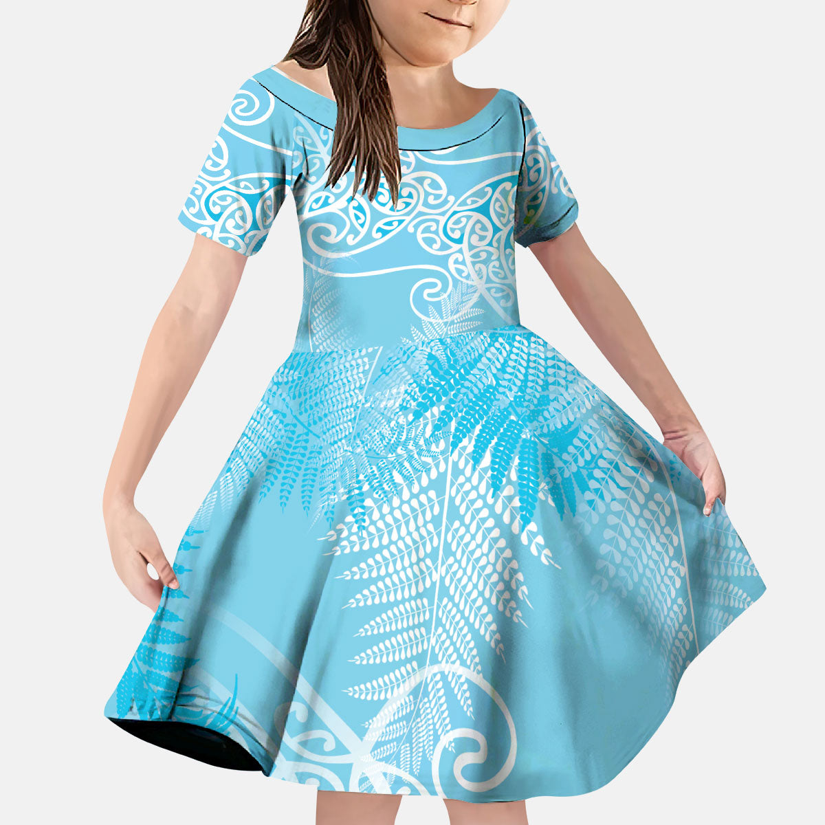 Aotearoa Maori Koru Curves Kid Short Sleeve Dress Silver Ferns - Turquoise