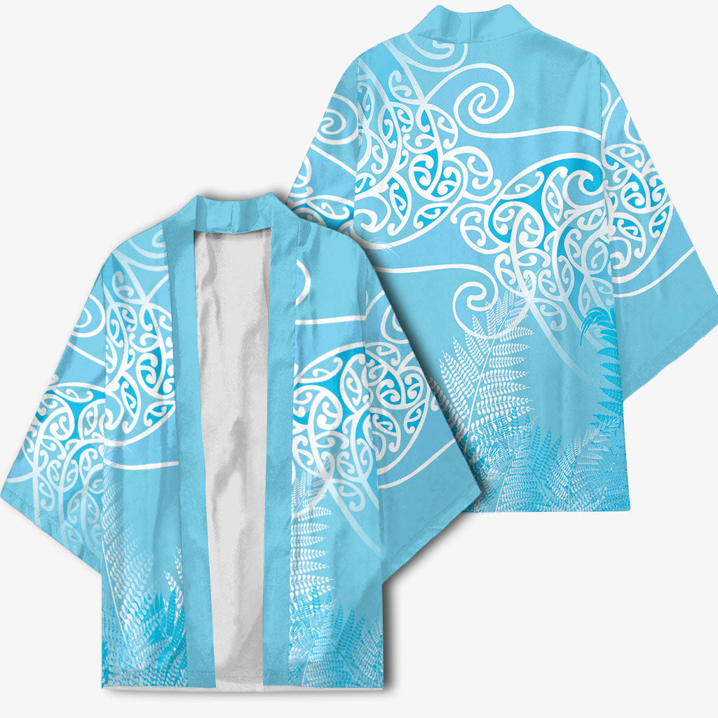 Aotearoa Maori Koru Curves Kimono Silver Ferns - Turquoise