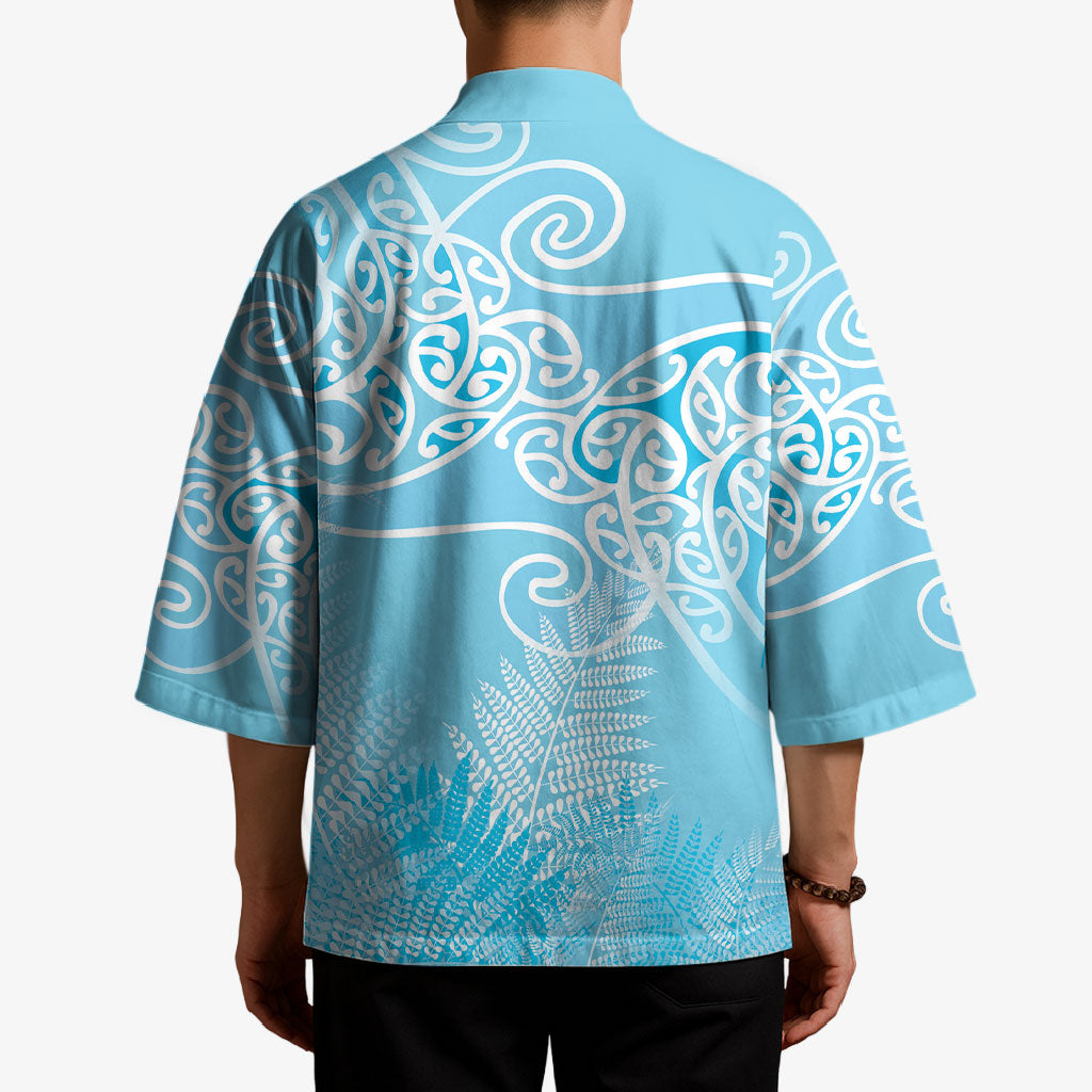 Aotearoa Maori Koru Curves Kimono Silver Ferns - Turquoise