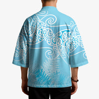 Aotearoa Maori Koru Curves Kimono Silver Ferns - Turquoise