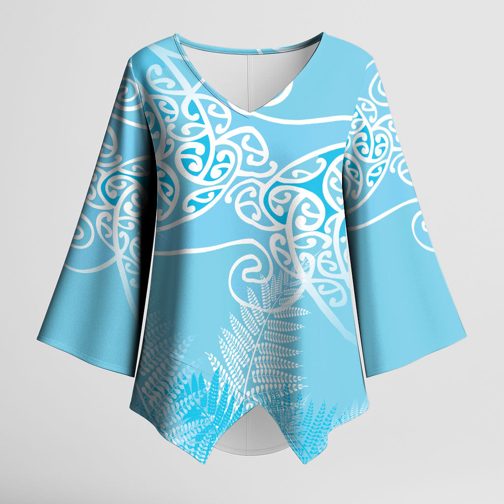 Aotearoa Maori Koru Curves Kimono Sleeve Blouse Silver Ferns - Turquoise LT7 Female Turquoise - Polynesian Pride