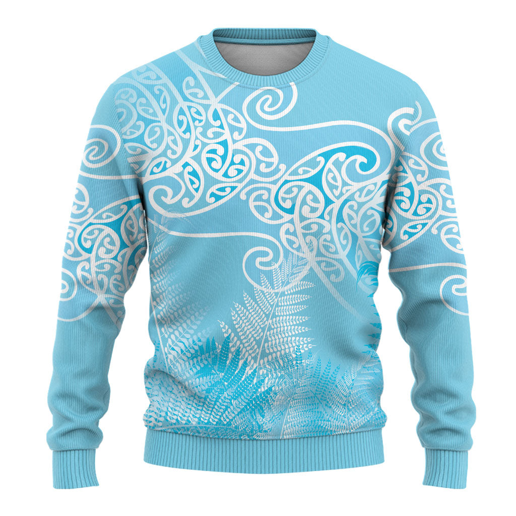 Aotearoa Maori Koru Curves Ugly Christmas Sweater Silver Ferns - Turquoise LT7 - Polynesian Pride