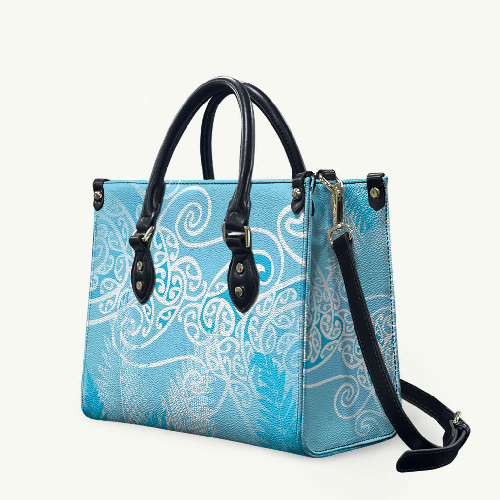 Aotearoa Maori Koru Curves Leather Bag Silver Ferns - Turquoise