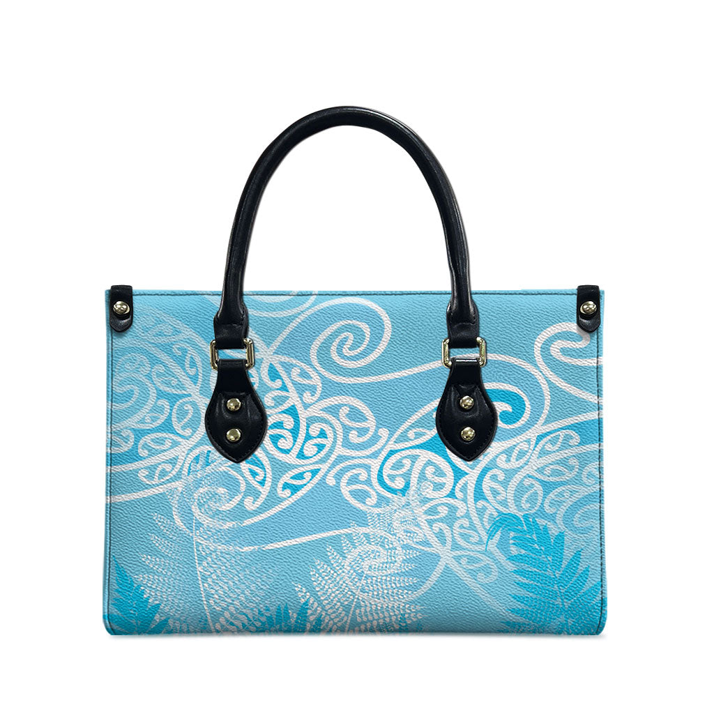 Aotearoa Maori Koru Curves Leather Bag Silver Ferns - Turquoise