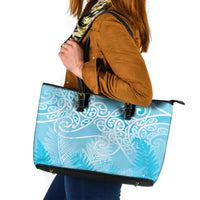 Aotearoa Maori Koru Curves Leather Tote Bag Silver Ferns - Turquoise