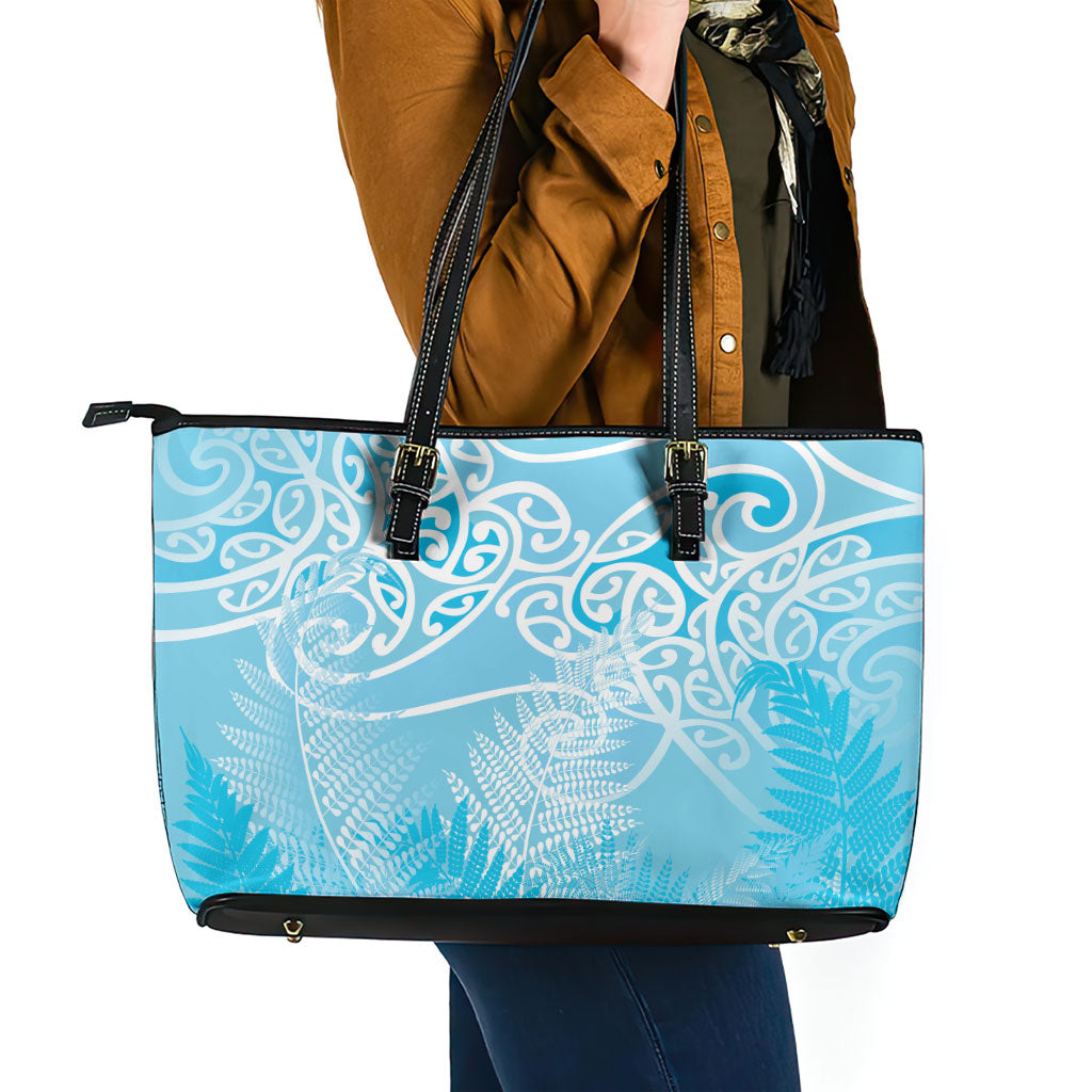 Aotearoa Maori Koru Curves Leather Tote Bag Silver Ferns - Turquoise