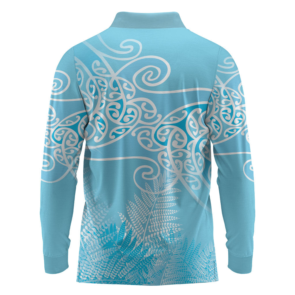 Aotearoa Maori Koru Curves Long Sleeve Polo Shirt Silver Ferns - Turquoise