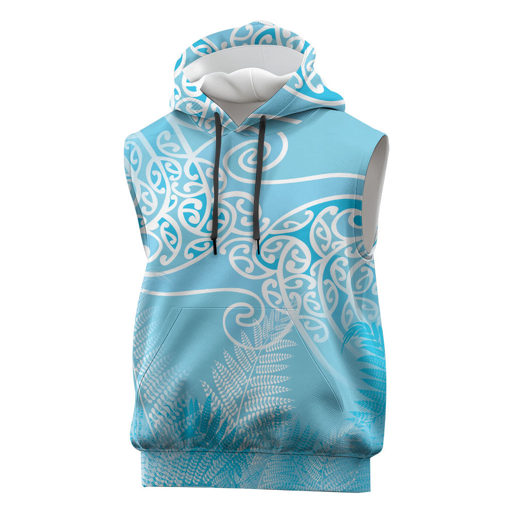 Aotearoa Maori Koru Curves Sleeveless Hoodie Silver Ferns - Turquoise