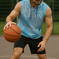 Aotearoa Maori Koru Curves Sleeveless Hoodie Silver Ferns - Turquoise