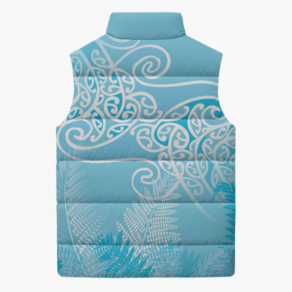 Aotearoa Maori Koru Curves Sleeveless Puffer Jacket Silver Ferns - Turquoise