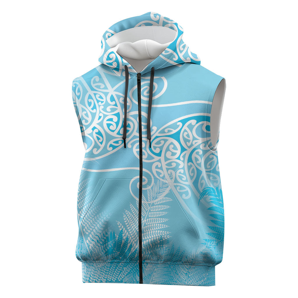 Aotearoa Maori Koru Curves Sleeveless Zip Hoodie Silver Ferns - Turquoise