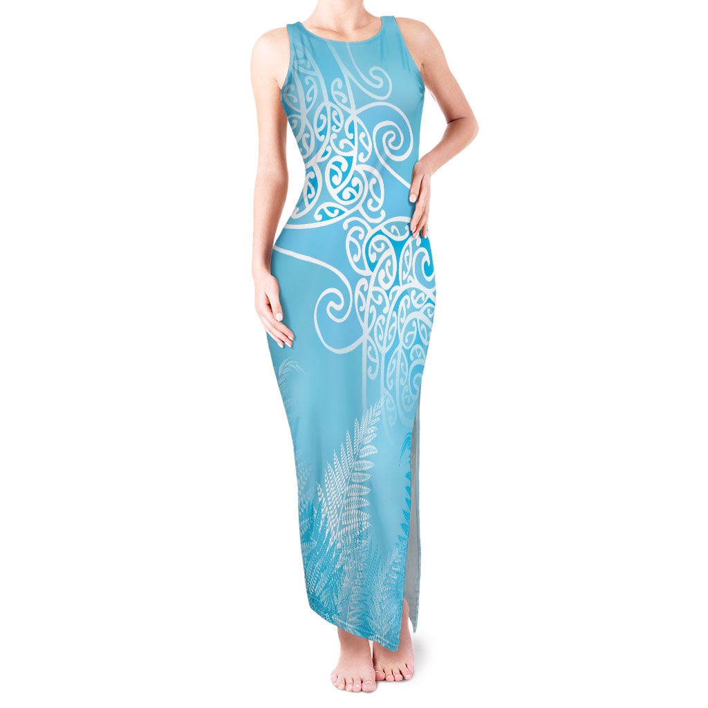 Aotearoa Maori Koru Curves Tank Maxi Dress Silver Ferns - Turquoise