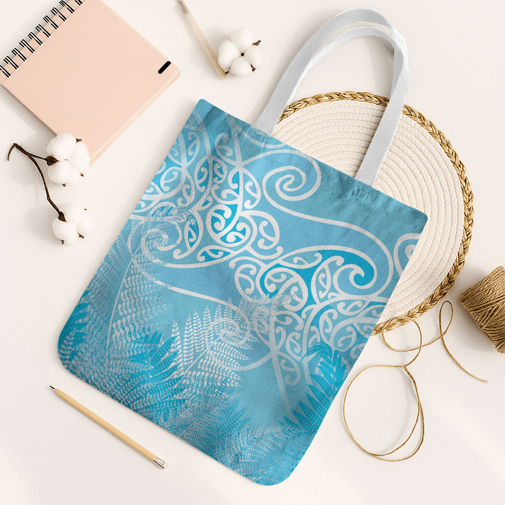 Aotearoa Maori Koru Curves Tote Bag Silver Ferns - Turquoise