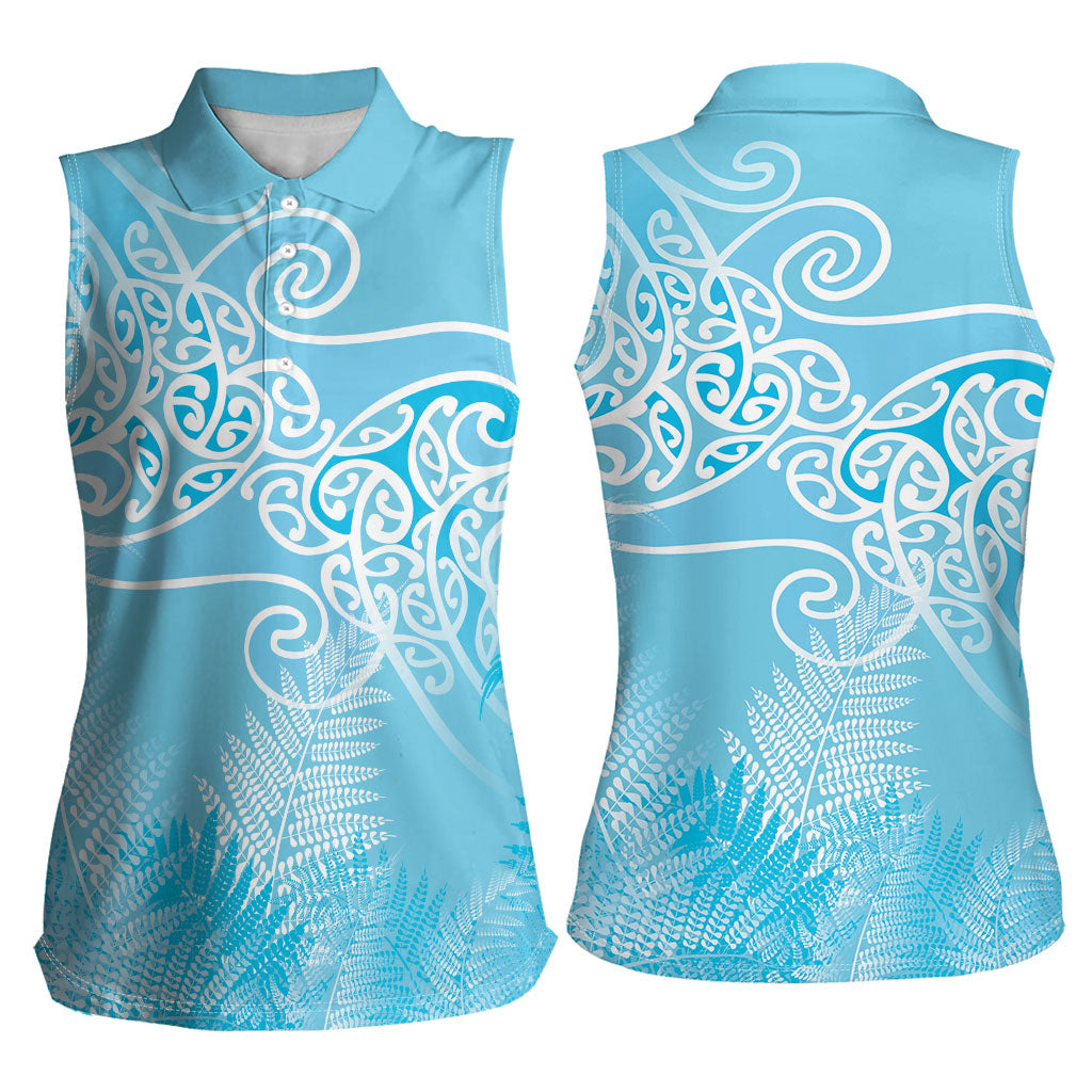 Aotearoa Maori Koru Curves Women Sleeveless Polo Shirt Silver Ferns - Turquoise