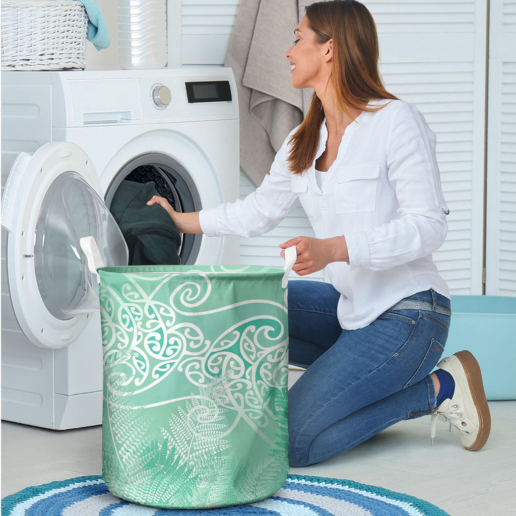Aotearoa Maori Koru Curves Laundry Basket Silver Ferns - Mint