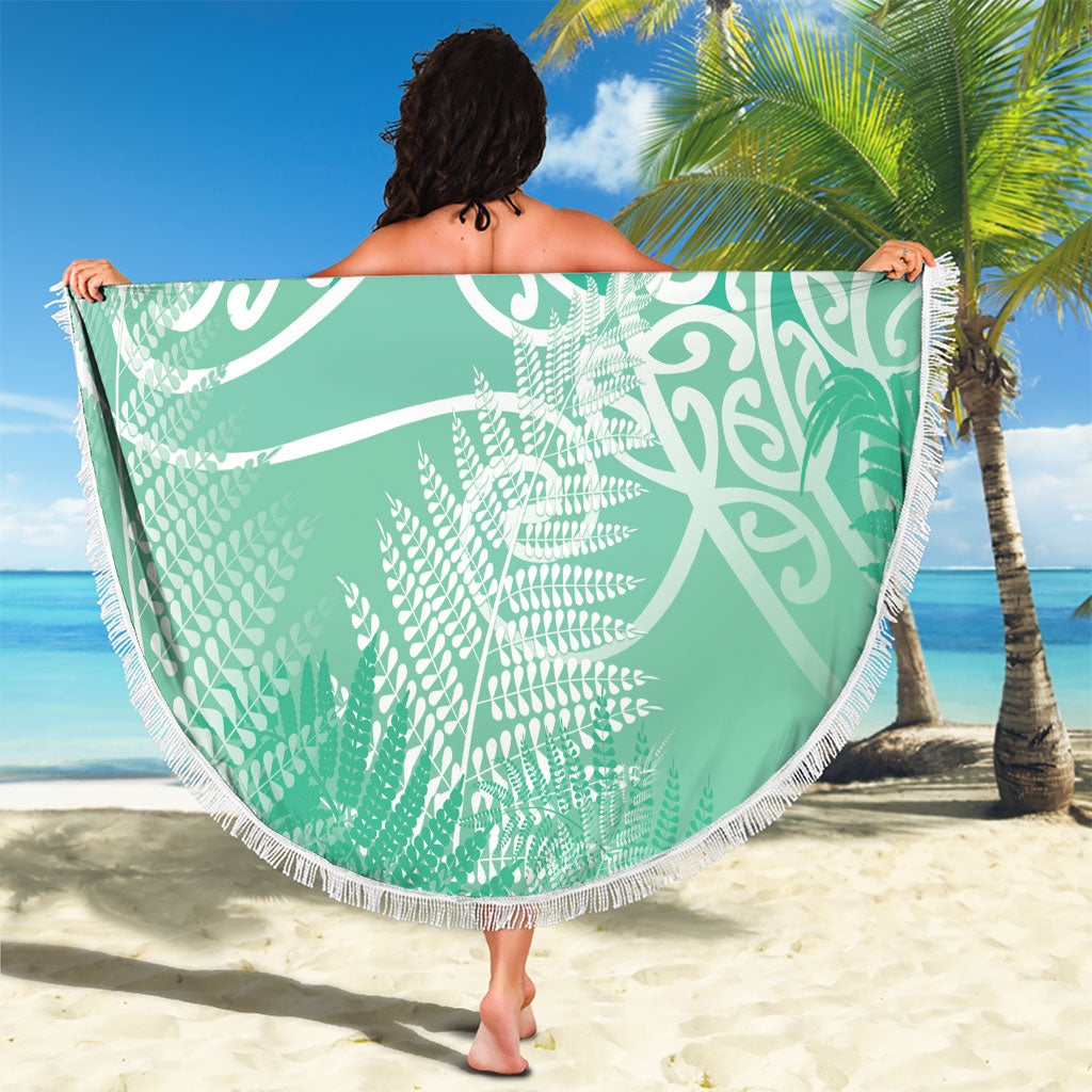 Aotearoa Maori Koru Curves Beach Blanket Silver Ferns - Mint
