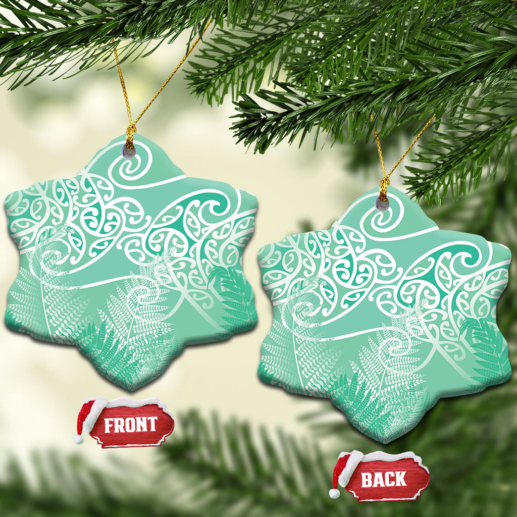 Aotearoa Maori Koru Curves Ceramic Ornament Silver Ferns - Mint
