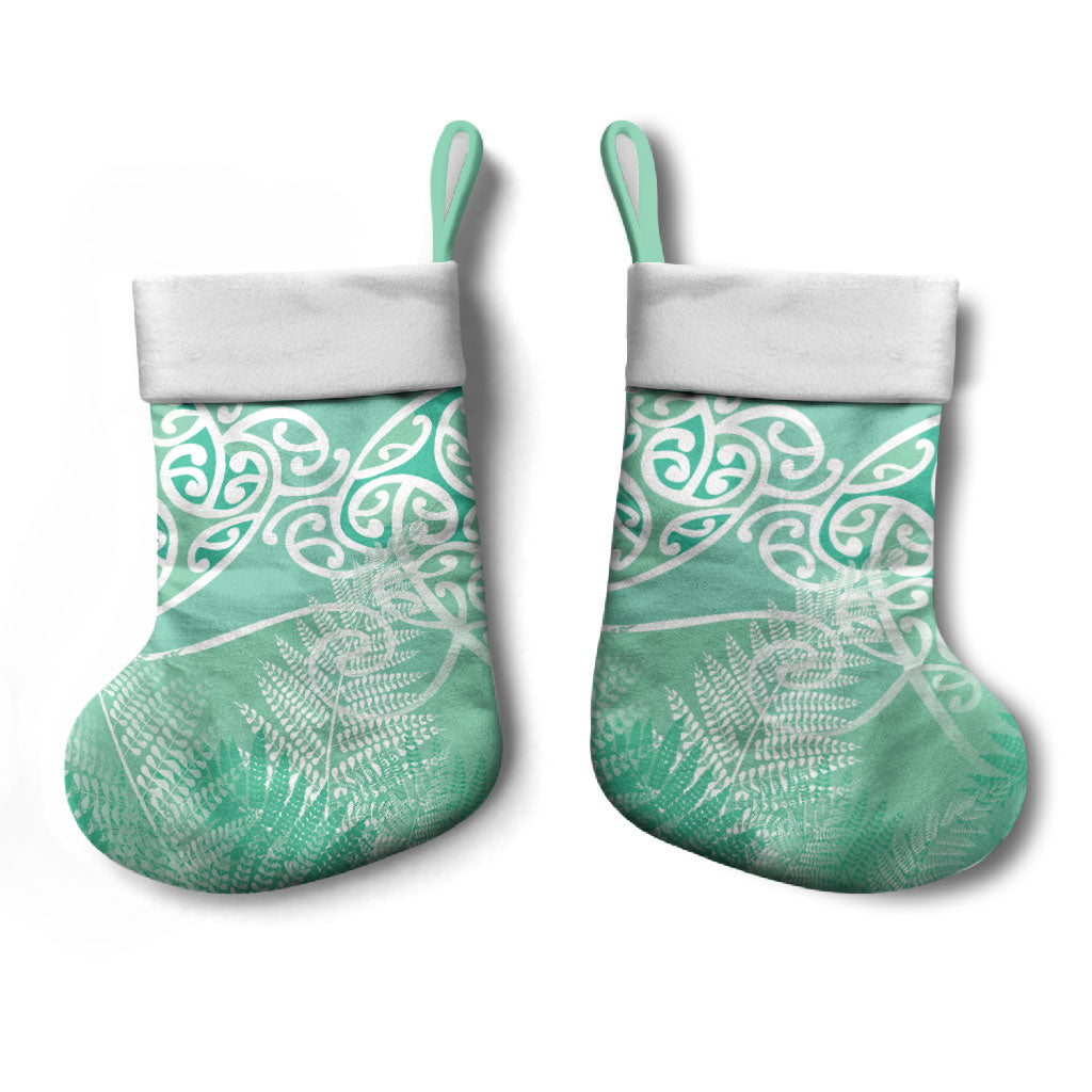 Aotearoa Maori Koru Curves Christmas Stocking Silver Ferns - Mint