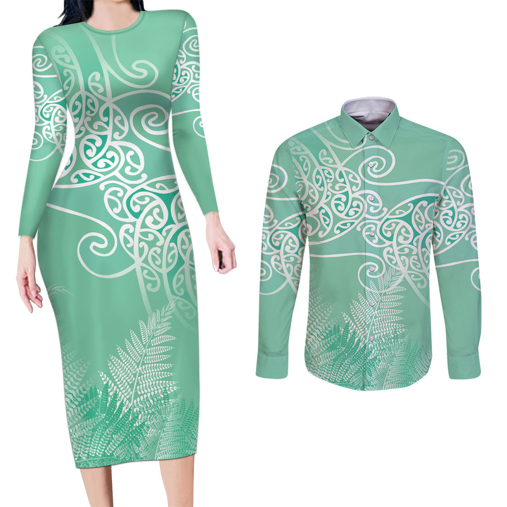 Aotearoa Maori Koru Curves Couples Matching Long Sleeve Bodycon Dress and Long Sleeve Button Shirt Silver Ferns - Mint