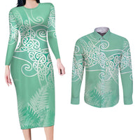Aotearoa Maori Koru Curves Couples Matching Long Sleeve Bodycon Dress and Long Sleeve Button Shirt Silver Ferns - Mint