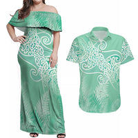 Aotearoa Maori Koru Curves Couples Matching Off Shoulder Maxi Dress and Hawaiian Shirt Silver Ferns - Mint