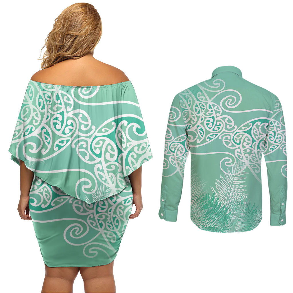 Aotearoa Maori Koru Curves Couples Matching Off Shoulder Short Dress and Long Sleeve Button Shirt Silver Ferns - Mint