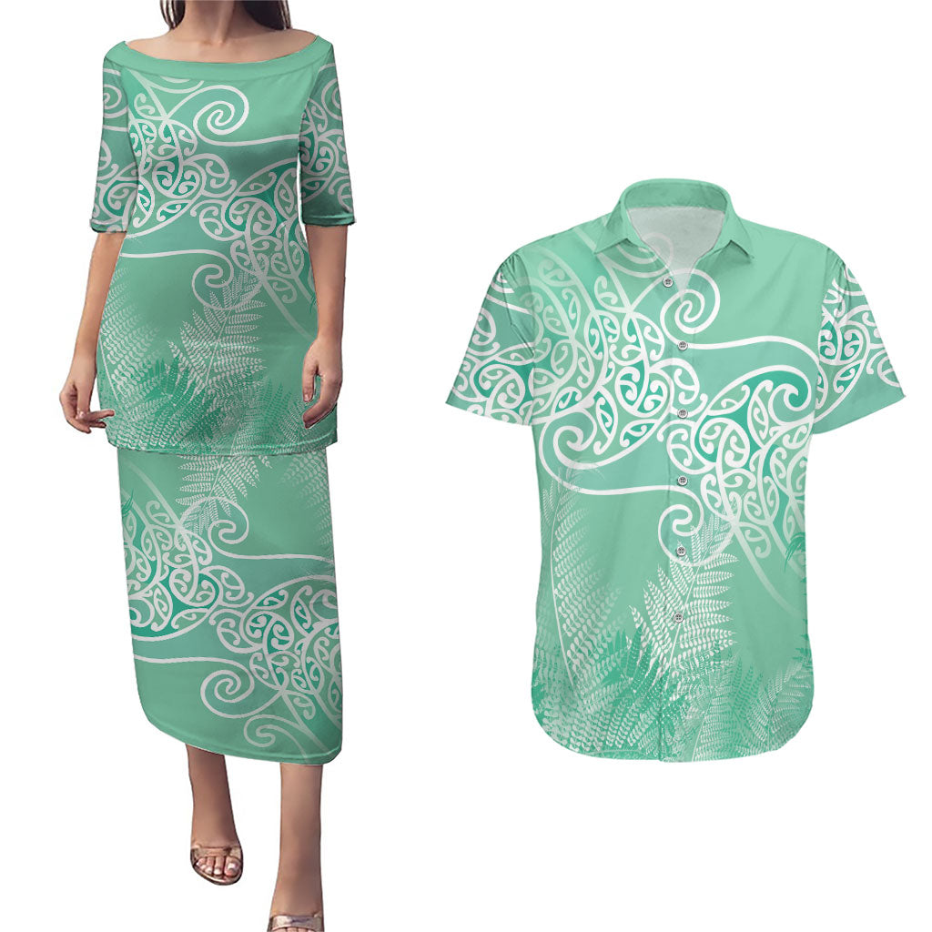 Aotearoa Maori Koru Curves Couples Matching Puletasi and Hawaiian Shirt Silver Ferns - Mint