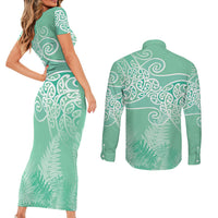 Aotearoa Maori Koru Curves Couples Matching Short Sleeve Bodycon Dress and Long Sleeve Button Shirt Silver Ferns - Mint