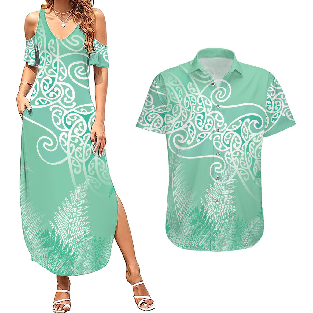 Aotearoa Maori Koru Curves Couples Matching Summer Maxi Dress and Hawaiian Shirt Silver Ferns - Mint