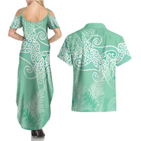 Aotearoa Maori Koru Curves Couples Matching Summer Maxi Dress and Hawaiian Shirt Silver Ferns - Mint