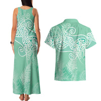 Aotearoa Maori Koru Curves Couples Matching Tank Maxi Dress and Hawaiian Shirt Silver Ferns - Mint
