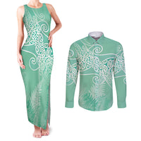 Aotearoa Maori Koru Curves Couples Matching Tank Maxi Dress and Long Sleeve Button Shirt Silver Ferns - Mint