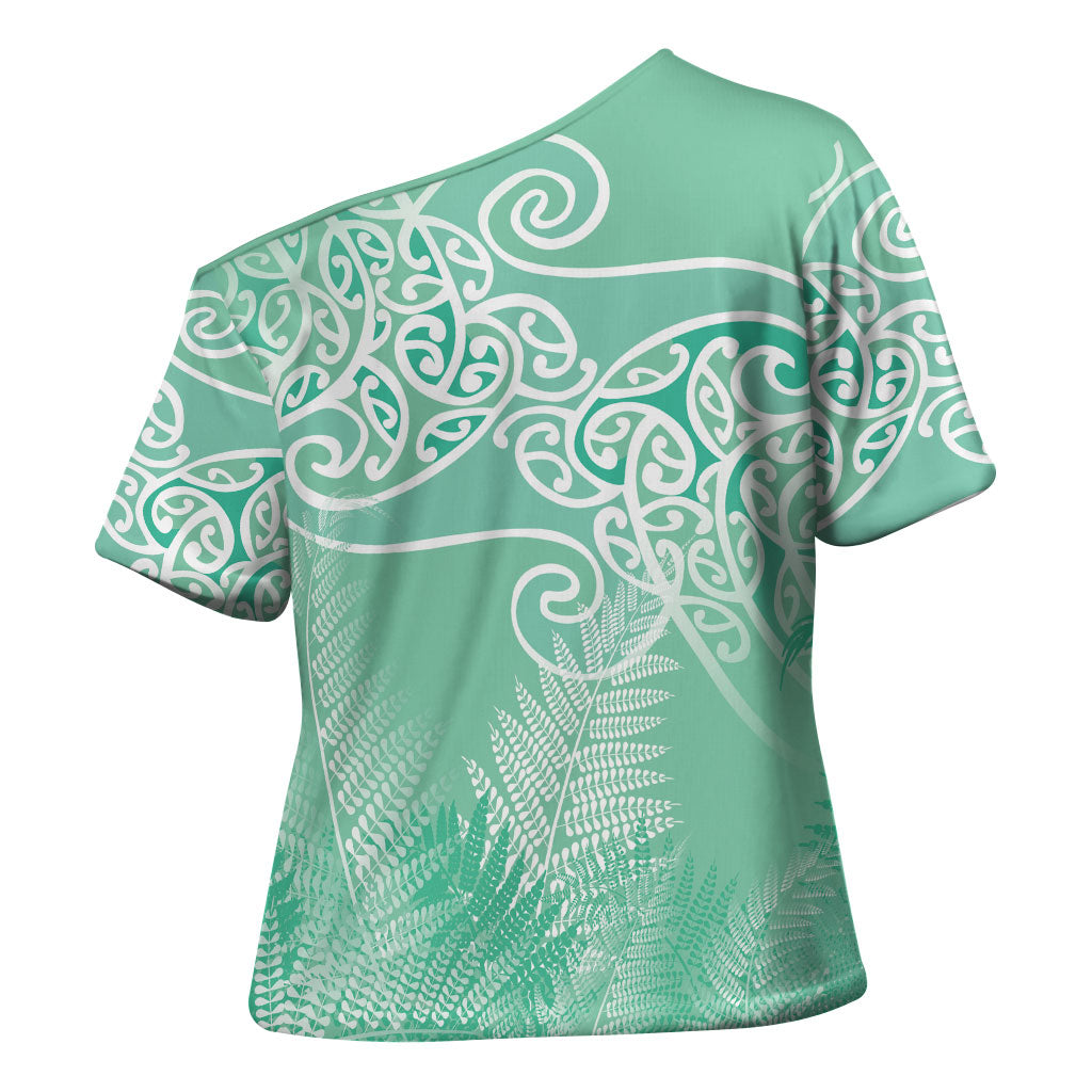 Aotearoa Maori Koru Curves Cross Shoulder Shirt Silver Ferns - Mint