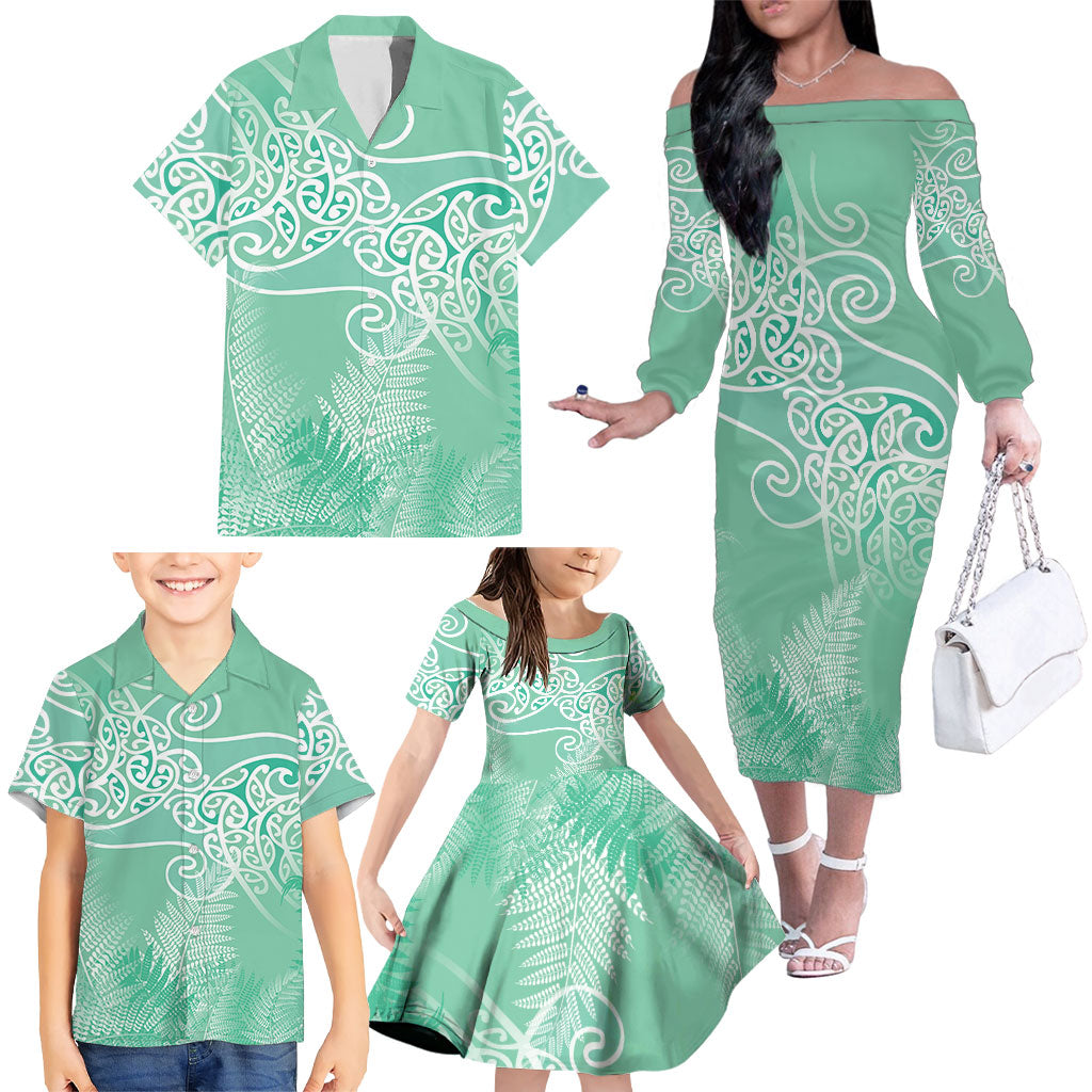 Aotearoa Maori Koru Curves Family Matching Off The Shoulder Long Sleeve Dress and Hawaiian Shirt Silver Ferns - Mint