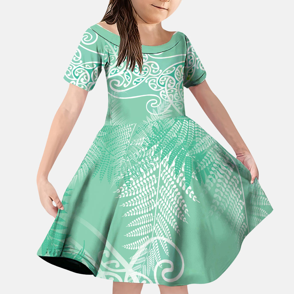 Aotearoa Maori Koru Curves Family Matching Off Shoulder Maxi Dress and Hawaiian Shirt Silver Ferns - Mint
