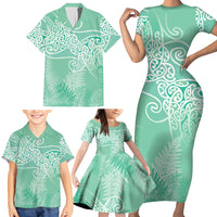 Aotearoa Maori Koru Curves Family Matching Short Sleeve Bodycon Dress and Hawaiian Shirt Silver Ferns - Mint LT7 - Polynesian Pride