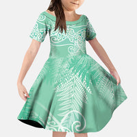 Aotearoa Maori Koru Curves Family Matching Tank Maxi Dress and Hawaiian Shirt Silver Ferns - Mint LT7 Daughter's Dress Mint Green - Polynesian Pride