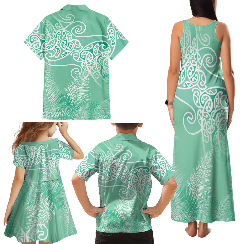 Aotearoa Maori Koru Curves Family Matching Tank Maxi Dress and Hawaiian Shirt Silver Ferns - Mint LT7 - Polynesian Pride