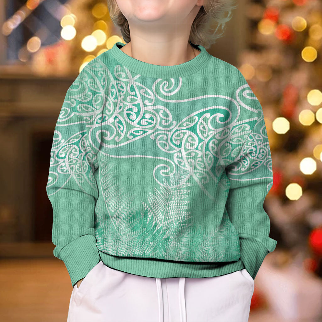 Aotearoa Maori Koru Curves Kid Ugly Christmas Sweater Silver Ferns - Mint LT7 - Polynesian Pride