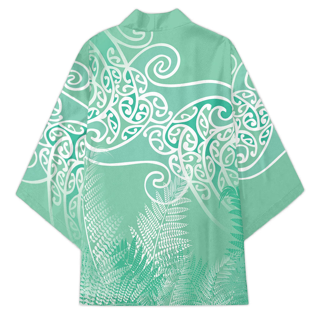 Aotearoa Maori Koru Curves Kimono Silver Ferns - Mint