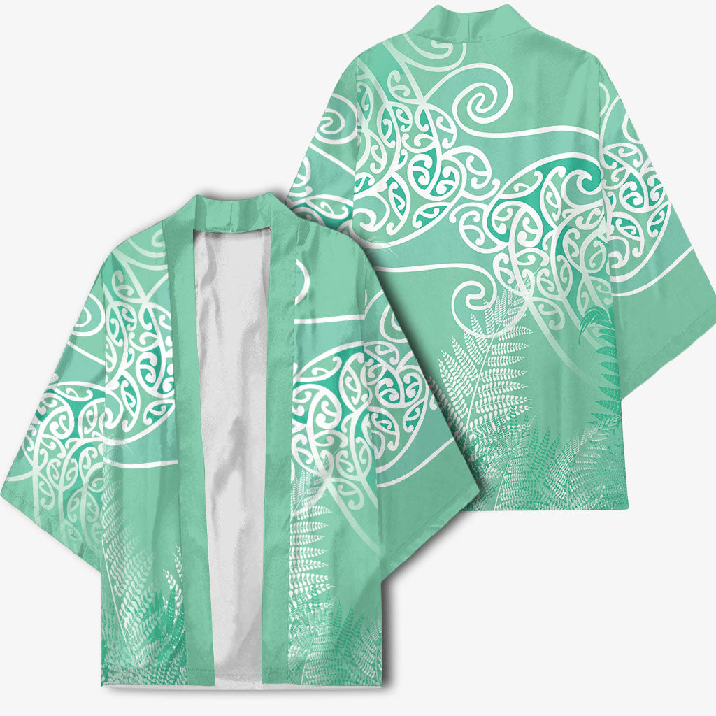 Aotearoa Maori Koru Curves Kimono Silver Ferns - Mint