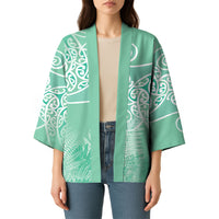 Aotearoa Maori Koru Curves Kimono Silver Ferns - Mint