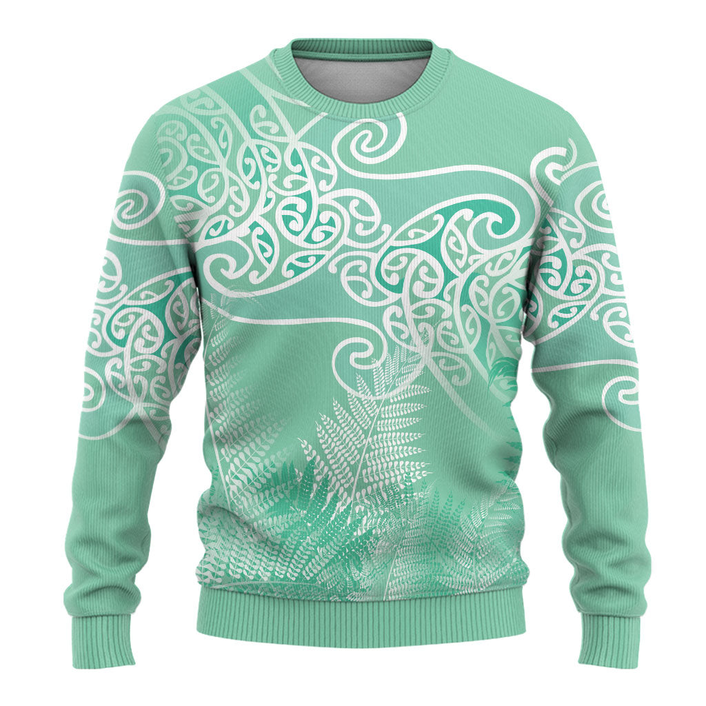 Aotearoa Maori Koru Curves Ugly Christmas Sweater Silver Ferns - Mint LT7 - Polynesian Pride