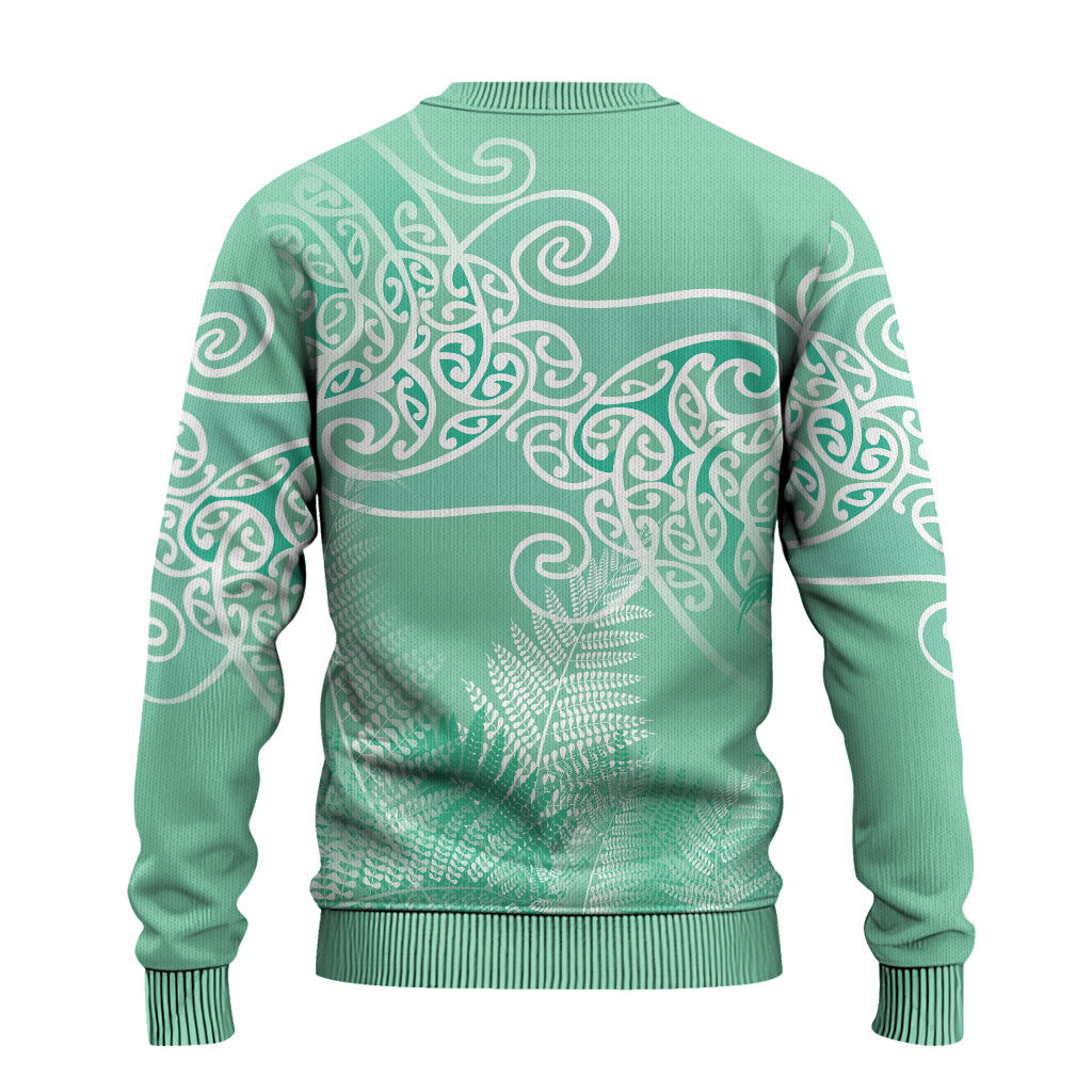 Aotearoa Maori Koru Curves Ugly Christmas Sweater Silver Ferns - Mint LT7 - Polynesian Pride