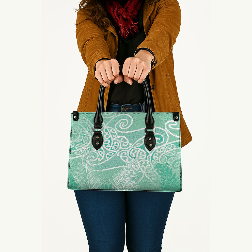 Aotearoa Maori Koru Curves Leather Bag Silver Ferns - Mint