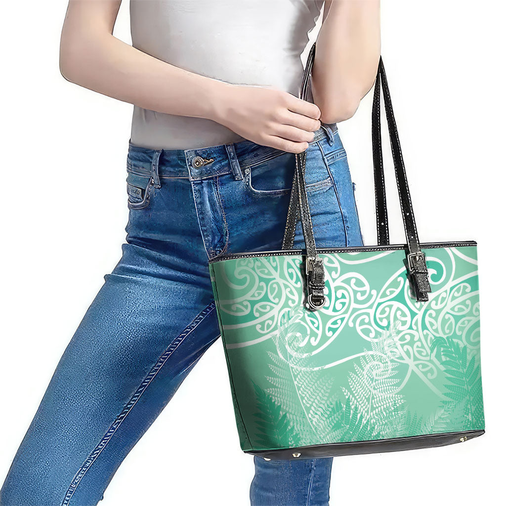 Aotearoa Maori Koru Curves Leather Tote Bag Silver Ferns - Mint