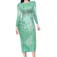 Aotearoa Maori Koru Curves Long Sleeve Bodycon Dress Silver Ferns - Mint