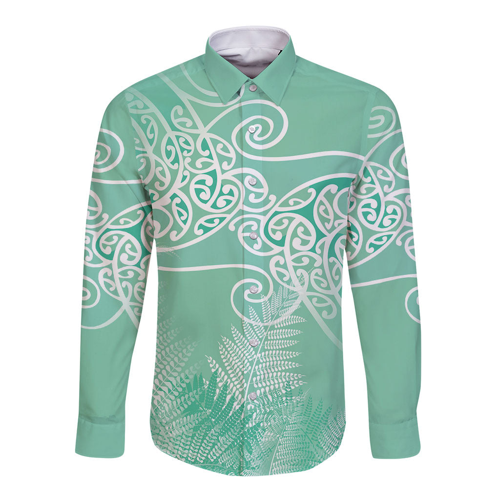 Aotearoa Maori Koru Curves Long Sleeve Button Shirt Silver Ferns - Mint LT7 Unisex Mint Green - Polynesian Pride