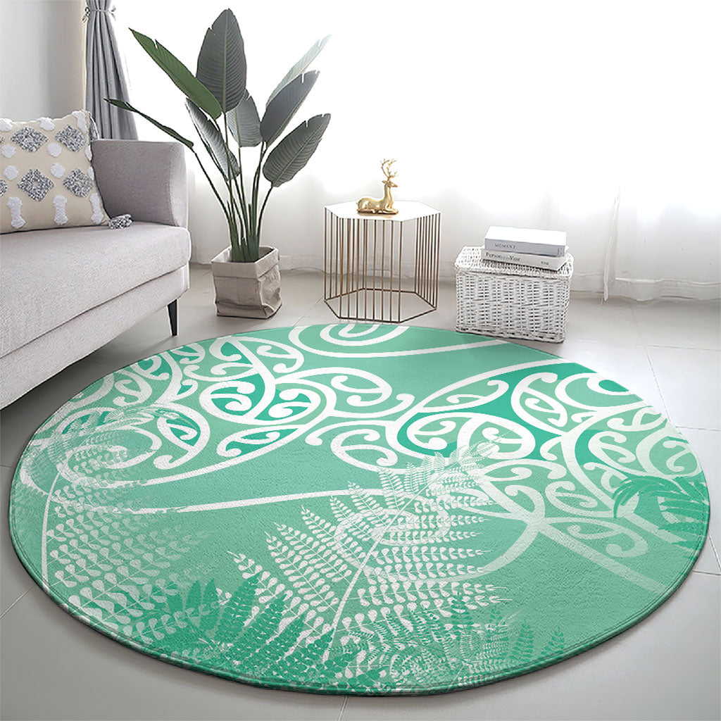 Aotearoa Maori Koru Curves Round Carpet Silver Ferns - Mint